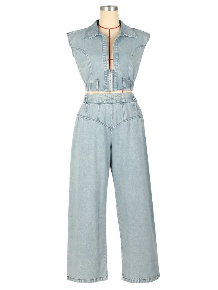 Wmstar Two Piece Set Women Wholesale European American Woman Jeans Set Sexy Sleeveless Loose Straight Legsummer Fancy Club