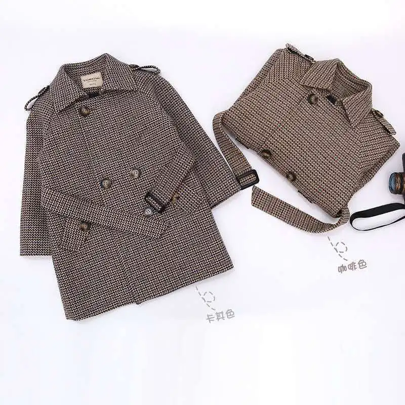 Boy Wool & Blends Woolen Jackets Autumn New Fashion Wave Pattern Solid Turn Collar Belt Kids Children Outerwear & Coats
