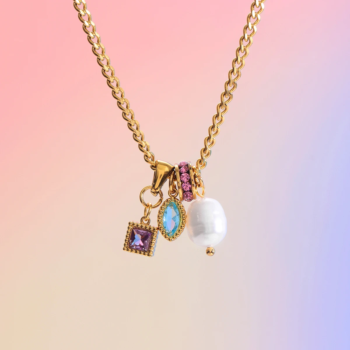 Youthway Lucky Zircon Bead Freshwater Pearl Pendant Necklace For Women 18K Gold Plated Stainless Steel Necklace Fashion Jewelry_voghion.com