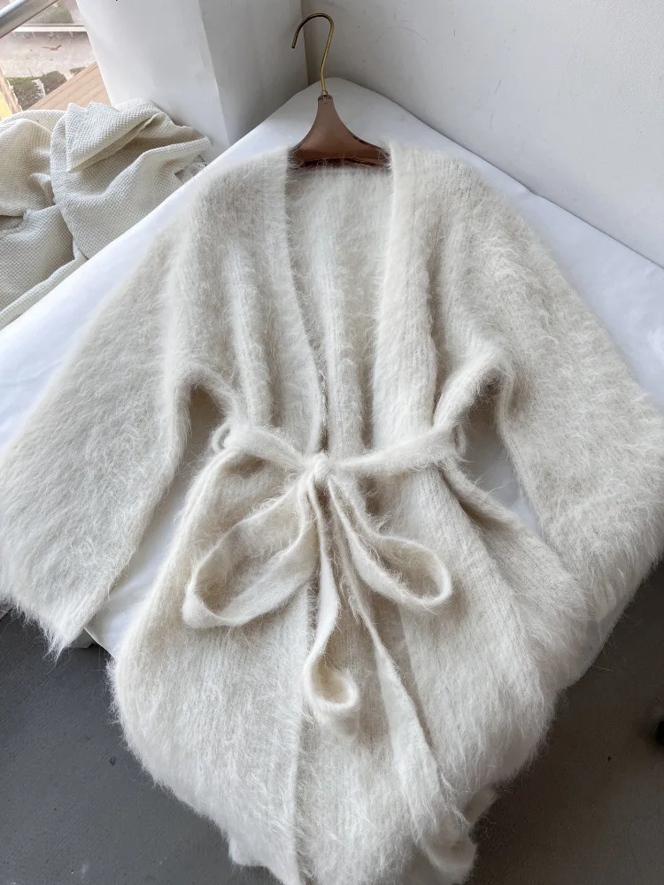 Long Cardigan Women’s Classic Coats Alpaca woolen Sheep Camel Hair Blended wool Lace Upbelted  Womens Intimates Nightgown Bathrobe Style Sweater Coats PJ Pajamas Bathrobes for woman in white Autumn Fall Winter Spring fashion season