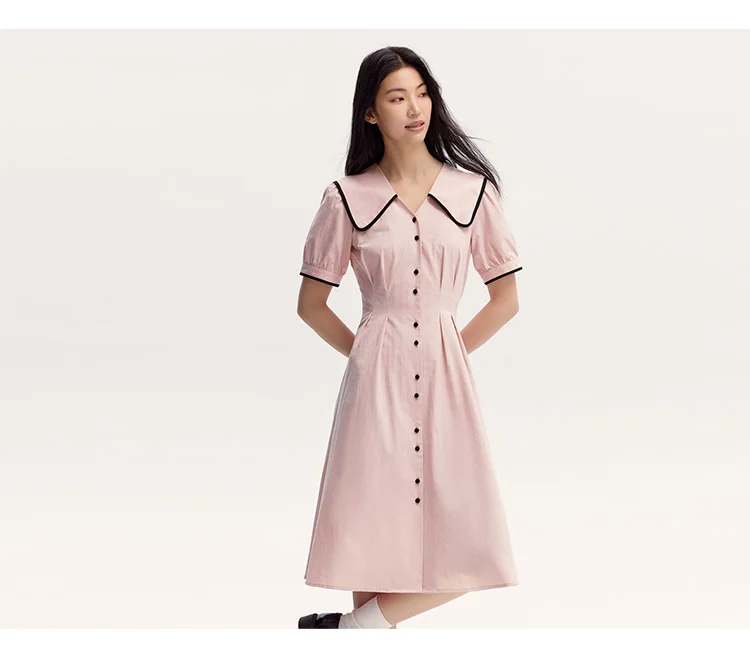 Vestido de mujer de algodón puro con mangas abullonadas, nuevo vestido de verano con bloques de color, solapa grande y largo medio, estilo universitario.
