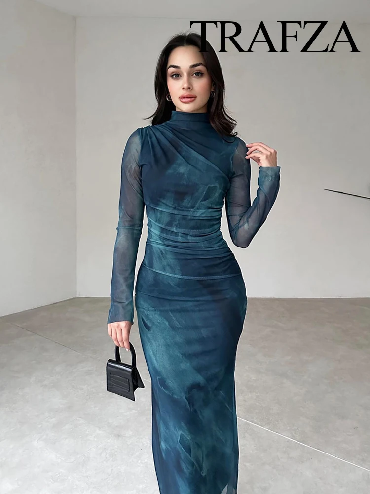 Print Tulle Bodycon Slim Dress Fashion Silk Mesh Midi Dress Women Long Sleeve Vintage Elegant Long Dresses main image 1