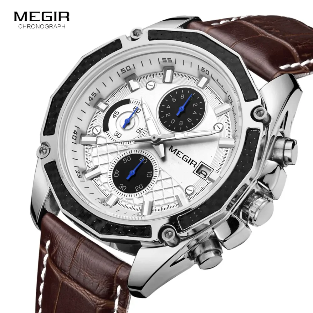 

MEGIR quartz male watches Genuine Leather watches racing men Students game Run Chronograph Watch male glow hands for Man 2015G