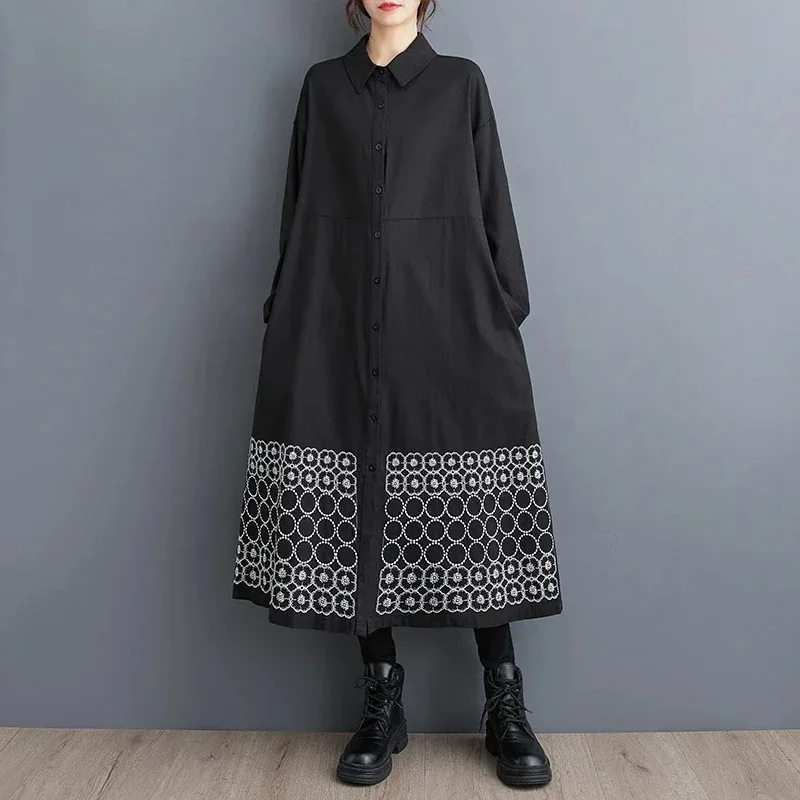 Black Long Shirt Dress Women Loose Embroidery Vintage A-line Front Buttons Shirt Dress Long Sleeve Retro Midi Dress 2023