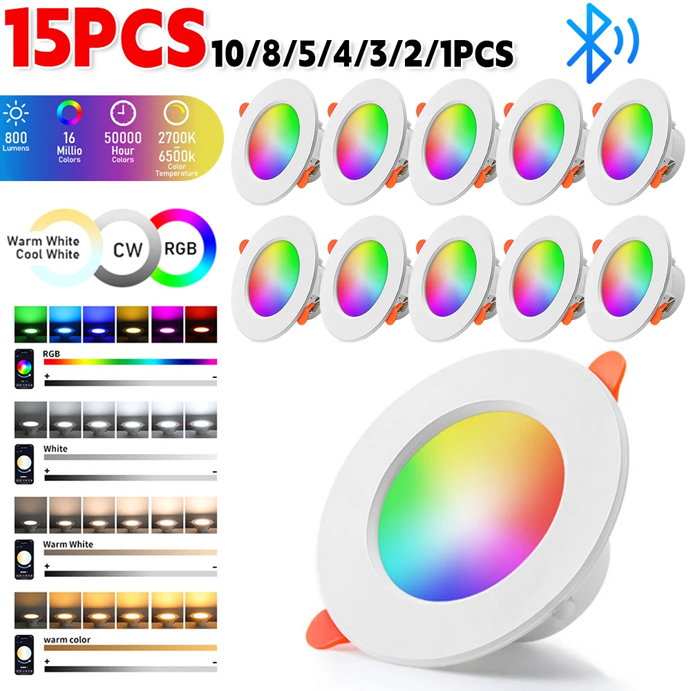 LED Downlight Recessed Ceiling Spotlight 15-1PCS Smart LED Downlight LED Ceiling Recessed Down Light Dimmmable Spot Lamp 10W RGB +CW+WW Changeable Downlight