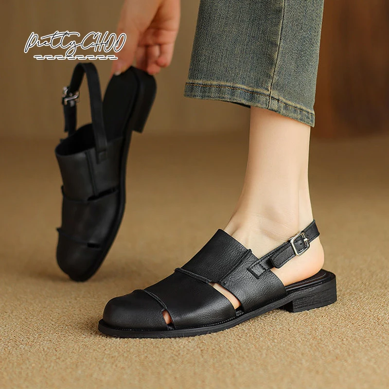 Soft Leather Greek Sandals Woman Retro Round Closed Toe Slingback Shoes Ladies Summer Cut-Out Buckle Strap Flat Zapatos