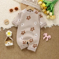 Baby Girls Floral Rompers Jumpsuits Autumn Beige Long Sleeve Knitted Newborn Infant Playsuits Outfits 0-18m Toddler Kids Clothes