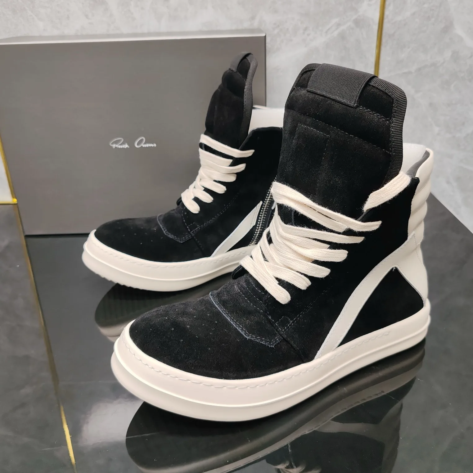 Rick shoes black frosted inverted triangle high-top shoes British retro men's Joker couple small essential.