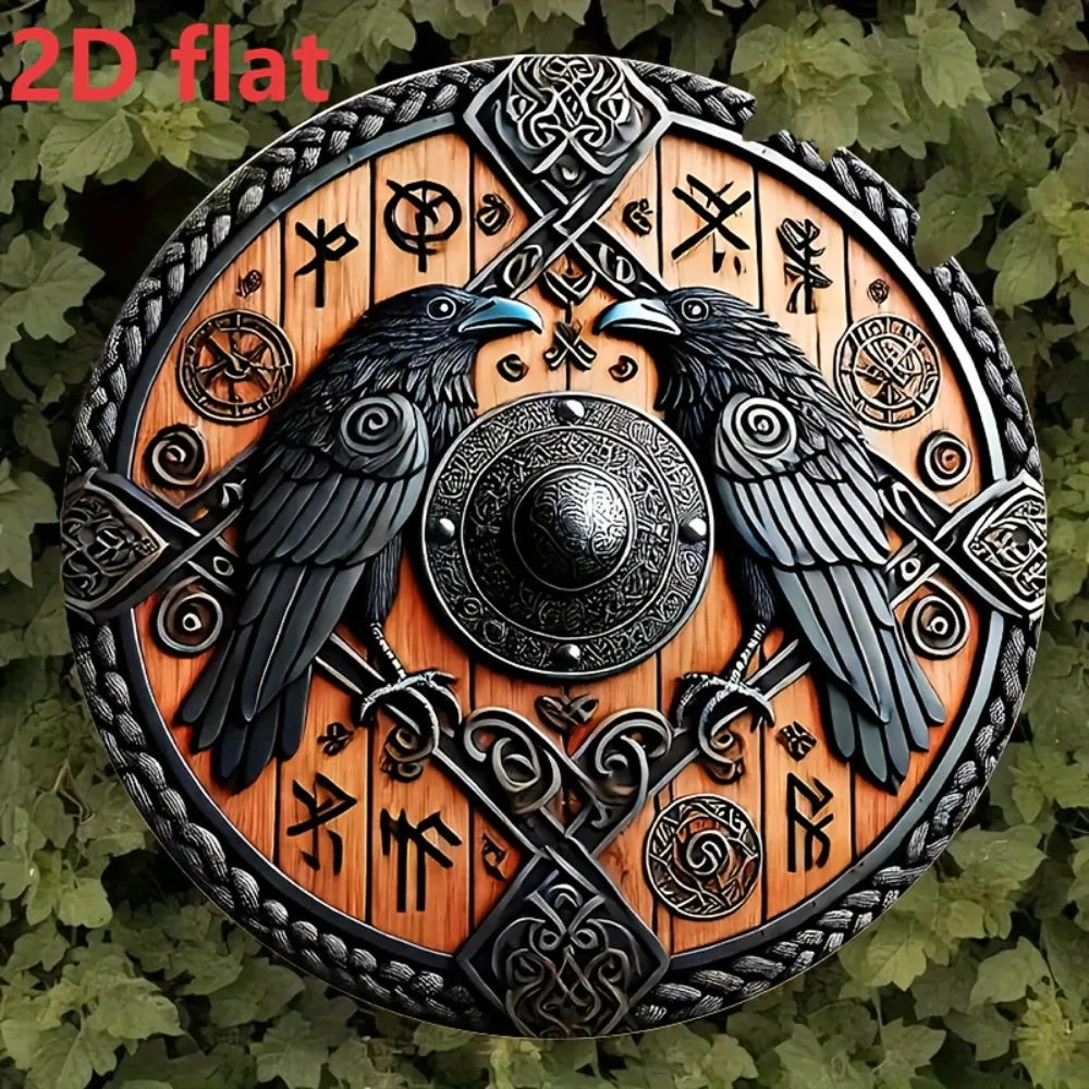 8in Viking Shield Metal Sign Norse Raven Wall Art Rune Decor Odin Huginn