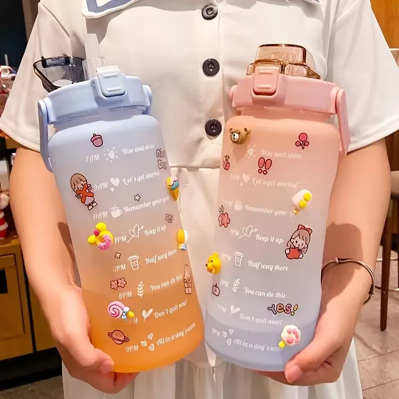 Sports Water Bottle 2L Colorful Frosted With Straw And Sticker