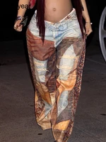 Women's Patchwork Chain Jean Printed Unisex Cool Girl Fashion Mid Waist Straight Wide Leg Pants Loose Cargos Trouser y2k Bottoms