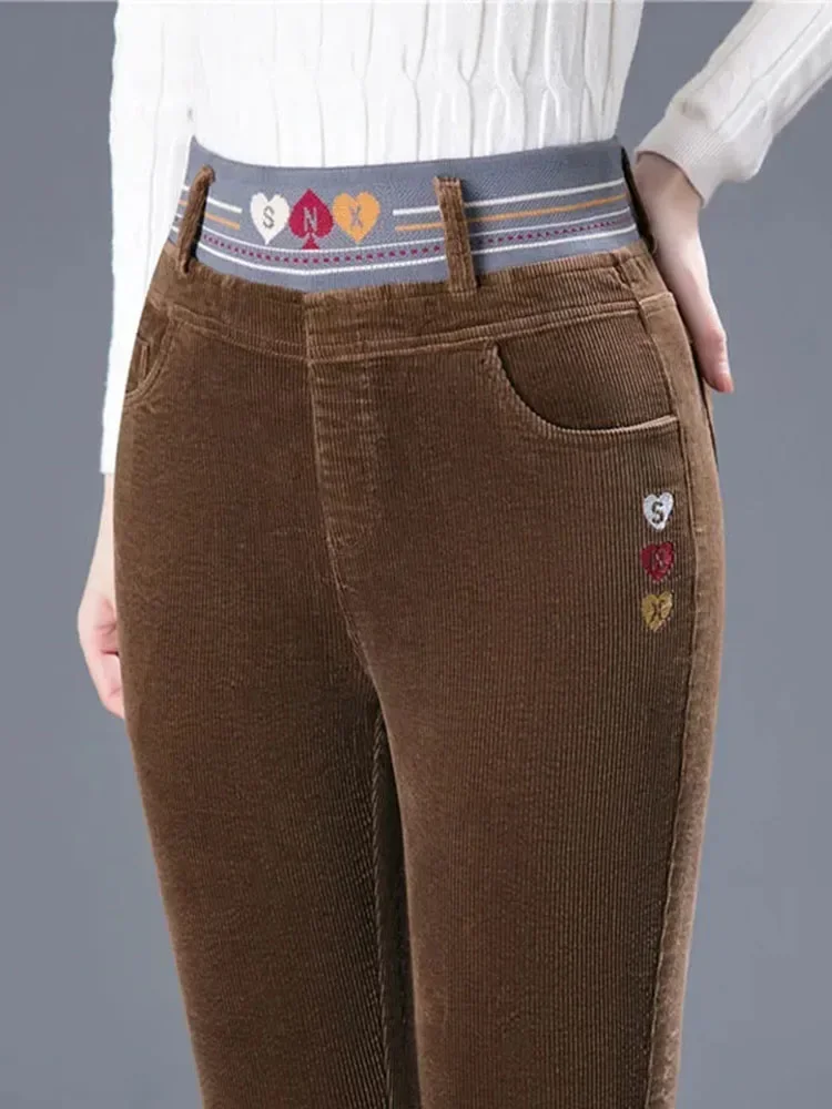 

Winter Thicken Plush Lined Pencil Pants Warm Slim High Waist Corduroy Pantalones Office Mom's Vintage Big Size Spodnie New Z128