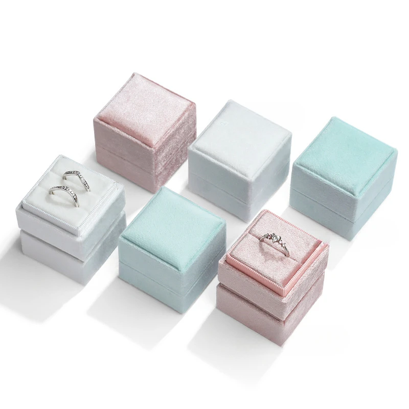 Square Velvet Ring Box High Quantity Ring Storage for 2 Rings Earing Holder Display Case Solid Color Jewelry Display Box wholesale double wedding rings box velvet engagement ceremony valentine s gift couple ring jewelry packaging storage organizer