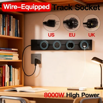 Wall‑Mounted Power Track Outlet Rail, Modular Sliding Socket Strip with USB‑C, US/EU/UK Adapters, Grey/Black, For Office Home 1