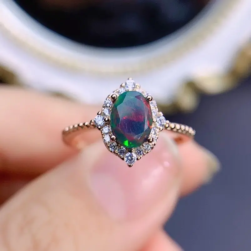 Faceted Oval Cut 5x7mm Natural Fire Black Opal Ring 925 Sterling