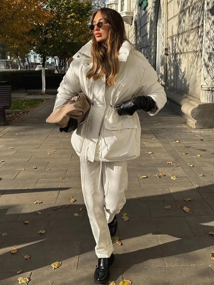 Bornladies Women's Trendy Warm Slim Fit Cotton Coat Drawstring Waist New Winter Fashion Cotton Outer Jacket