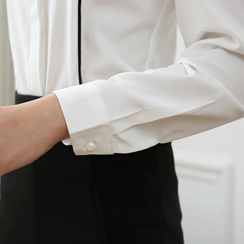 Women's Chiffon Shirt Long-sleeved Concealed Button Anti-glare Stand Collar Solid Color Spring Deposit Korean Professional Dress