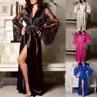 Chemise de nuit longue en dentelle pour femmes, Lingerie Sexy, vêtements de nuit, Robe de bain, Imitation soie glacée, couleur unie 1