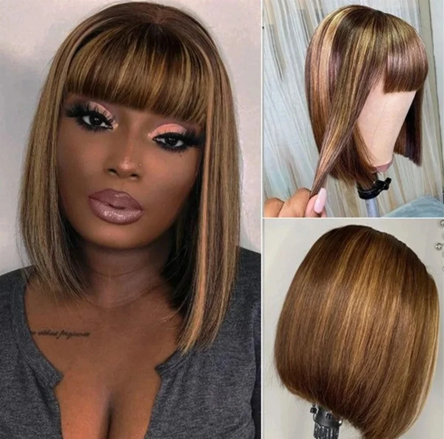 Peruca reta de Bob destaque para mulheres negras, cabelo humano brasileiro com franja, cabelo remy, máquina completa feita, sem renda, 180D