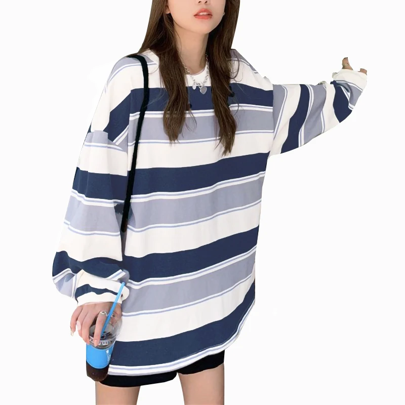Women s Stylish Long Sleeve Striped Round Neck Pullover Top with Loose Fit and Fashionable Print Design