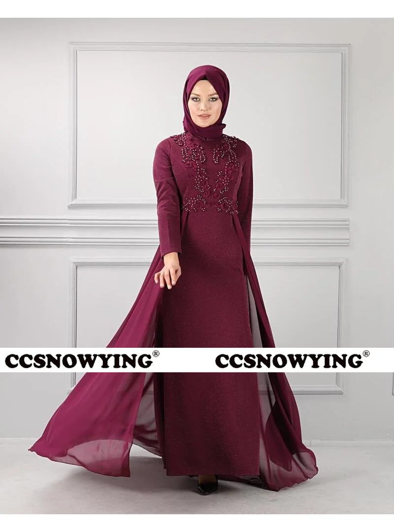 

Chiffon Appliques Long Sleeve Muslim Evening Dresses High Neck Hijab Prom Formal Party Gown Islamic Kaftan Robes De Soirée