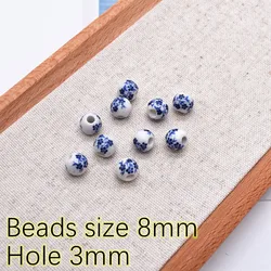 Blue Flower Patterned Ceramic Beads for DIY Jewelry - Set of 10 (8mm)