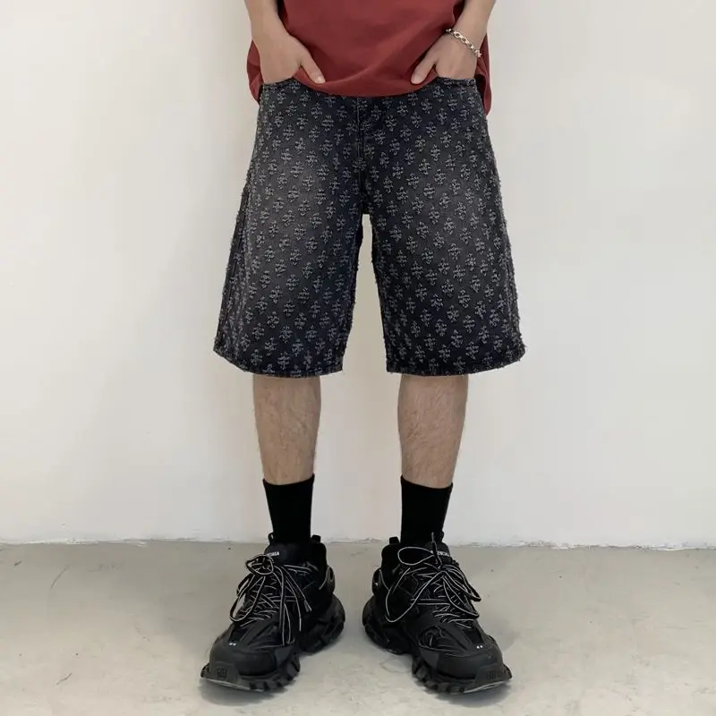 Men's Stylish American Cowboy Shorts Loose Fit Floral Print Straight-Leg Seven-Quarter Fashion Denim