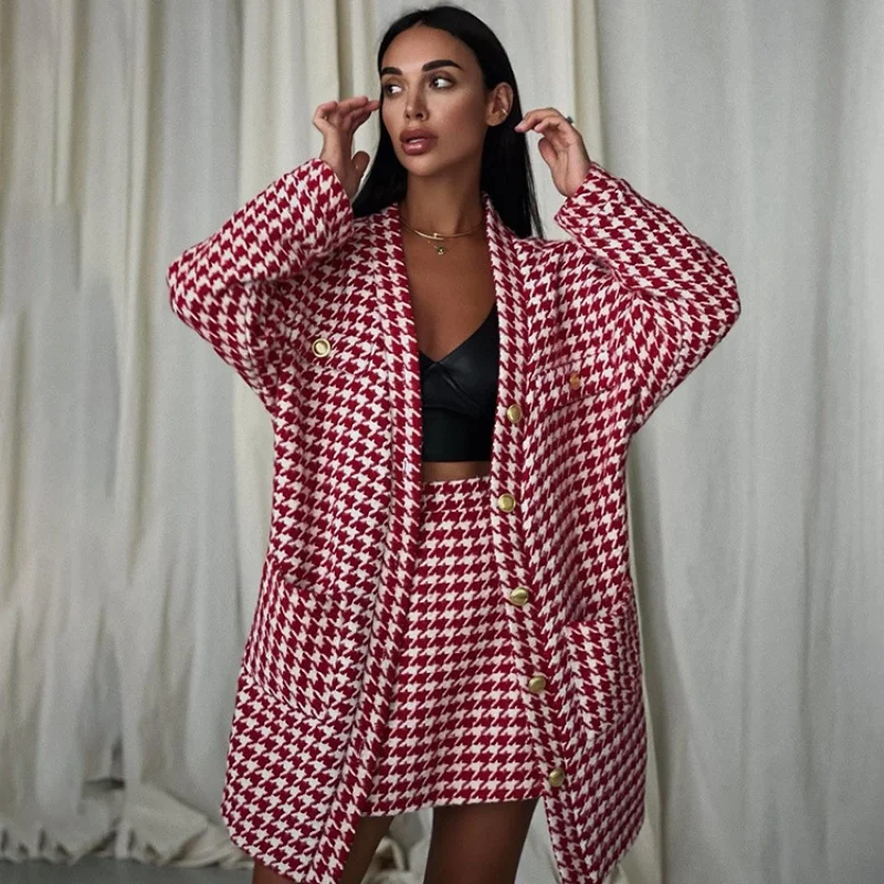 

Women's Autumn and Winter New Suit Women's Houndstooth Tie-Front Top Hip Skirt Two-Piece SuitWlj