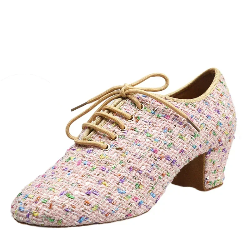 Professional Ballroom Latin Dance Shoes for Women Cloth Upper Closed Toe High Heel Waltz Social Dance Shoes