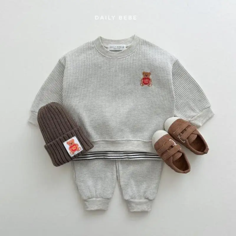 

Autumn Kid Casual Waffle Tracksuit Boy Girl Baby Cartoon Bear Cotton Sweatshirt Suit Children Embroidery Tops + Solid Pants 2pcs
