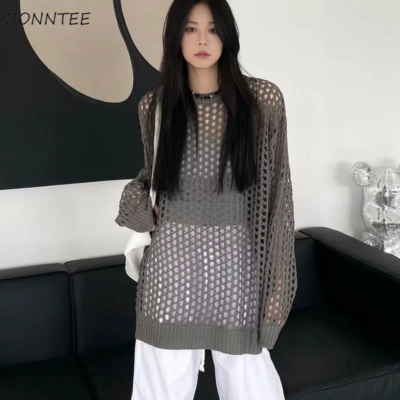 

Pullovers Women Hollow Out Chic Soft Summer Fashion Solid Unisex All-match Ladies Daily Cozy Sun-proof Ulzzang Causal Streetwear