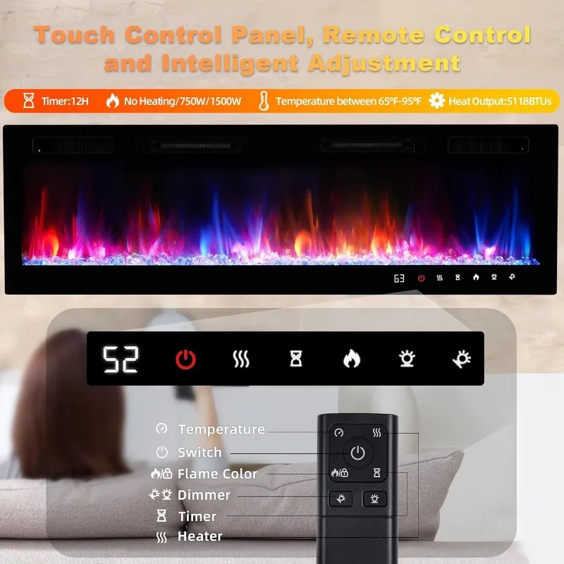 Electric Fireplace Insert 70" Realsmart 1500W Wall Mounted Electric Fireplaces Recessed Heaters,Remote Control Fireplace Screen