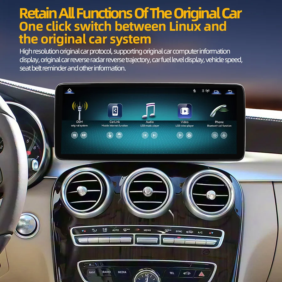 Pantalla ultrafina de 12.8 pulgadas con sistema de navegación Linux para Mercedes Benz Clase C W205 GLC X253 C180 C200 C220 C300 C350 2015-2018 Carplay Auto 3