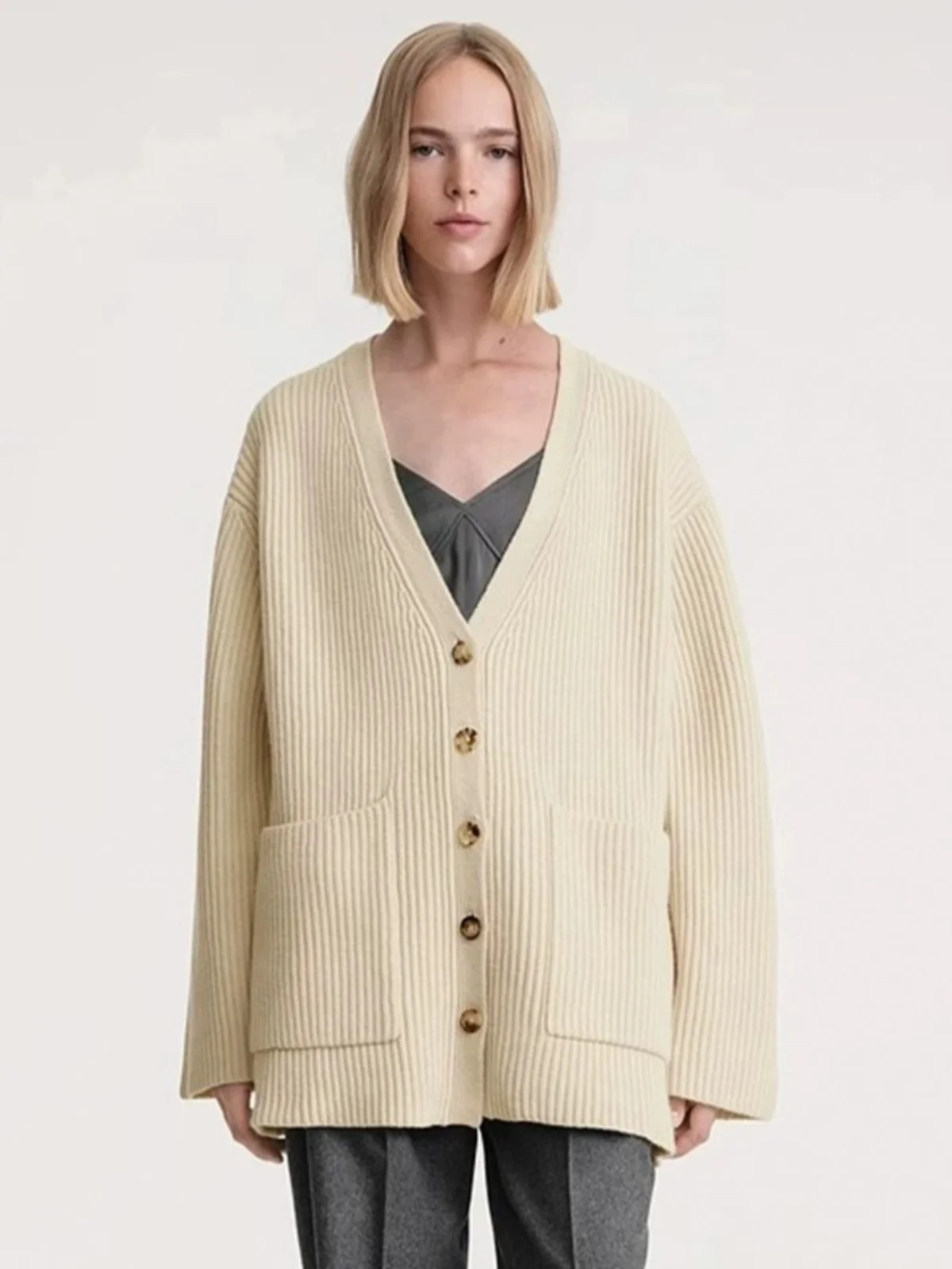 

Toteme Wool V-neck Ribbed Knit Sweater Women 2023 Autumn New Fashion Casual Loose Long-sleeved Commuter Versatile Jacket Tops