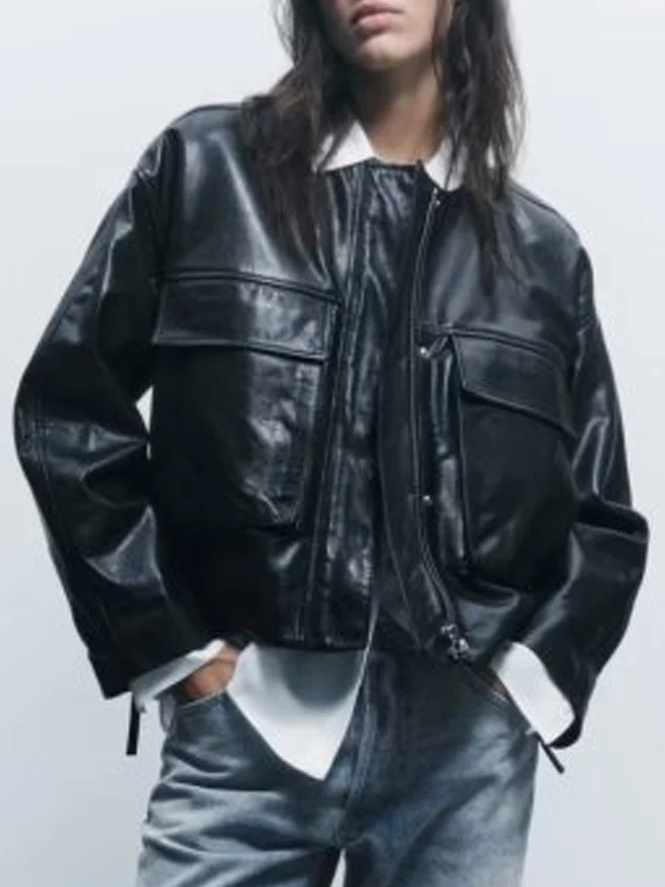 

2023 Women Autumn PU Shirts Jackets Coats Fashion Solid Zipper Pockets Loose O-Neck Female Elegant Street Jacket Outerwear