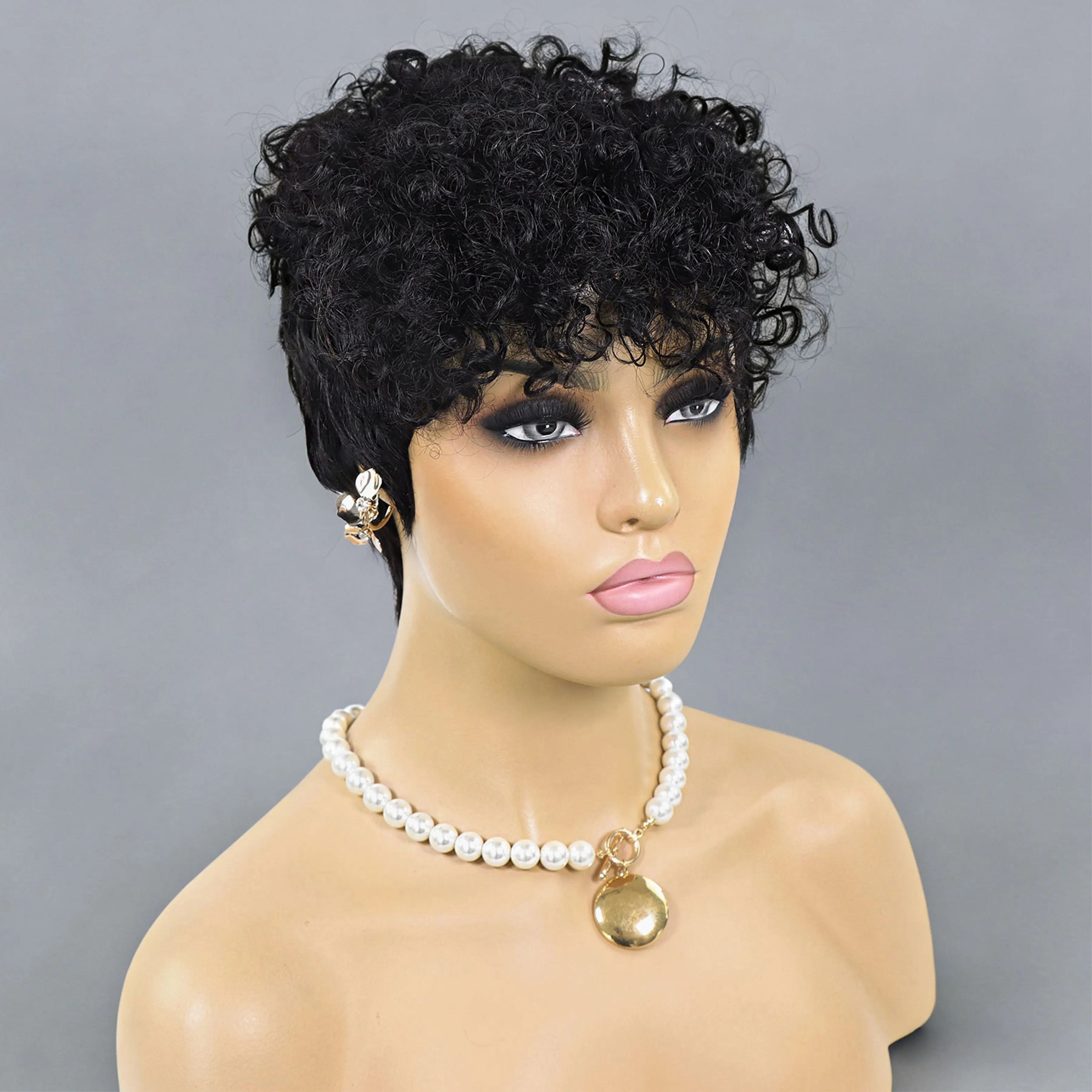 짧은 곱슬머리 픽시컷 인모 가발 (앞머리 포함) 여성용 레이어드 픽시 가발 브라질 레미 헤어 글루리스 풀메이드 밥 가발