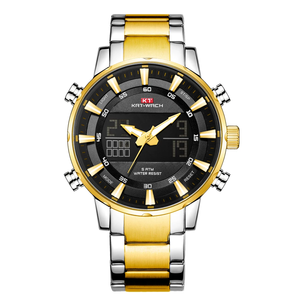 Kat-Watch Men Military Sport Wrist Watch for Gold Quartz Steel Waterproof Dual Display Male Clock Watches Relogio Masculino 2022 