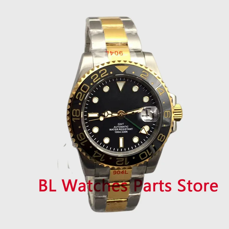 

BLIGER 40mm GMT Watch For Men NH34 DG3804 Movement Two Tone Gold Jubilee/Oyster Bracelet Case Sapphire Glass Black Dial Luminous