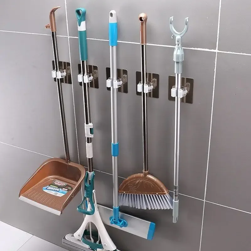1pcs Punch-free Mop Holder Bathroom Shelf Wall-Mounted Mop Broom Hanger Self Adhesive Hooks Bathroom Storage Home Accessories 2