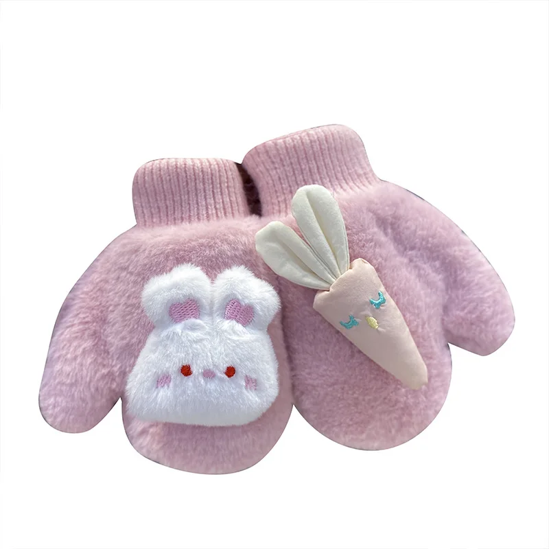 3 Colors Girls Warm Plush Thick Baby Gloves Winter Plus Coral Fleece Full Finger Gloves Cartoon Bunny Gloves for Kids 1-4Y 6