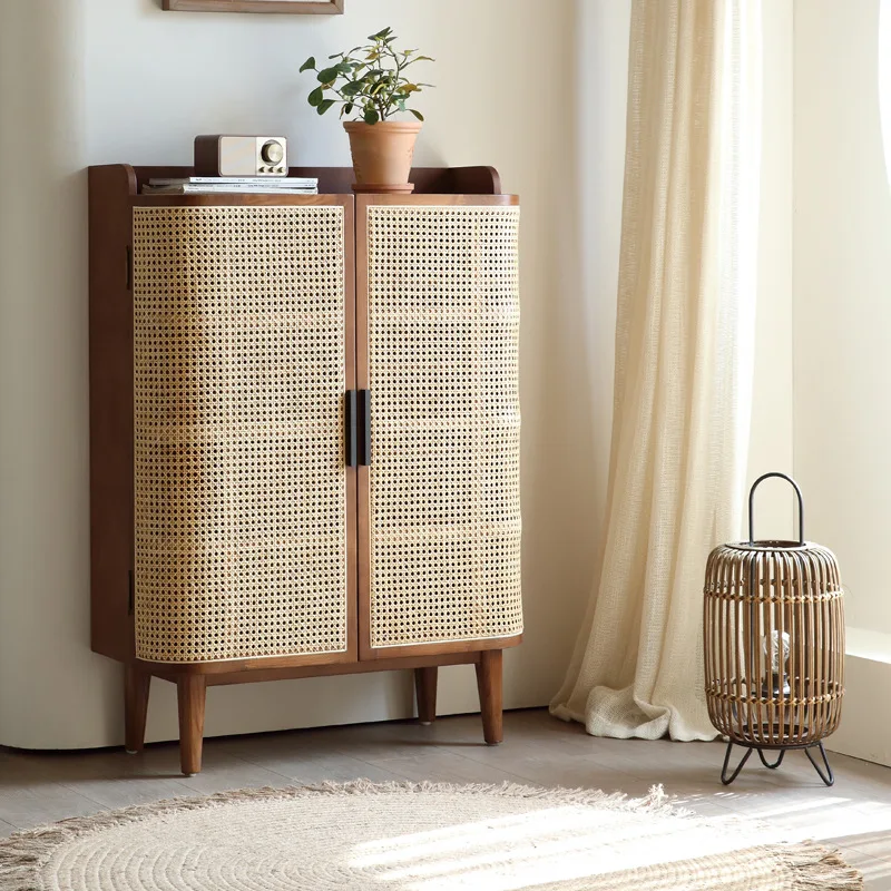 

Rattan Woven Solid Wood Shoe Cabinet Living Room Entrance Storage Rack Doorway Storage Cabinet Rattan Woven Entrance Cabinet