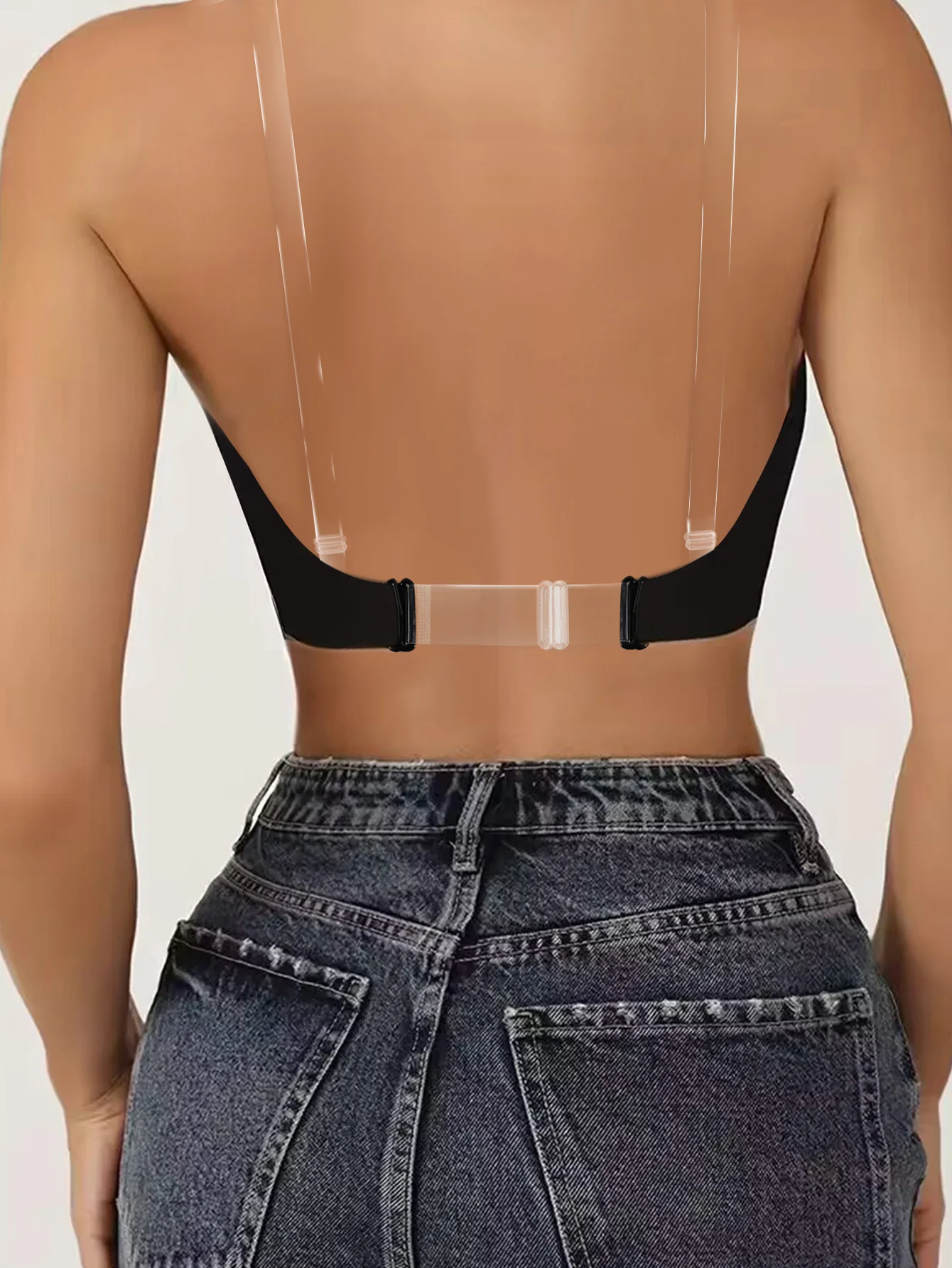 Description Picture 4 of itemWomen's Comfortable Solid Black/Beige Colors Backless Transparent Shoulder Strap Bra