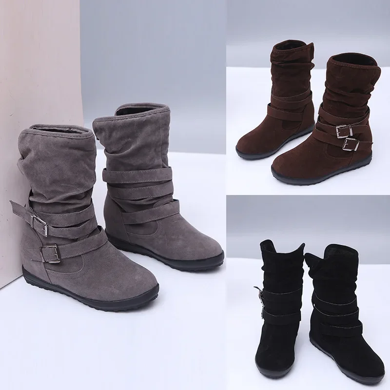 

Women Boots Fashion Casual Ladies Shoes Boots Suede Leather Buckle Boots High Heeled Snow Shoes For Femme Ladies Shoes 691