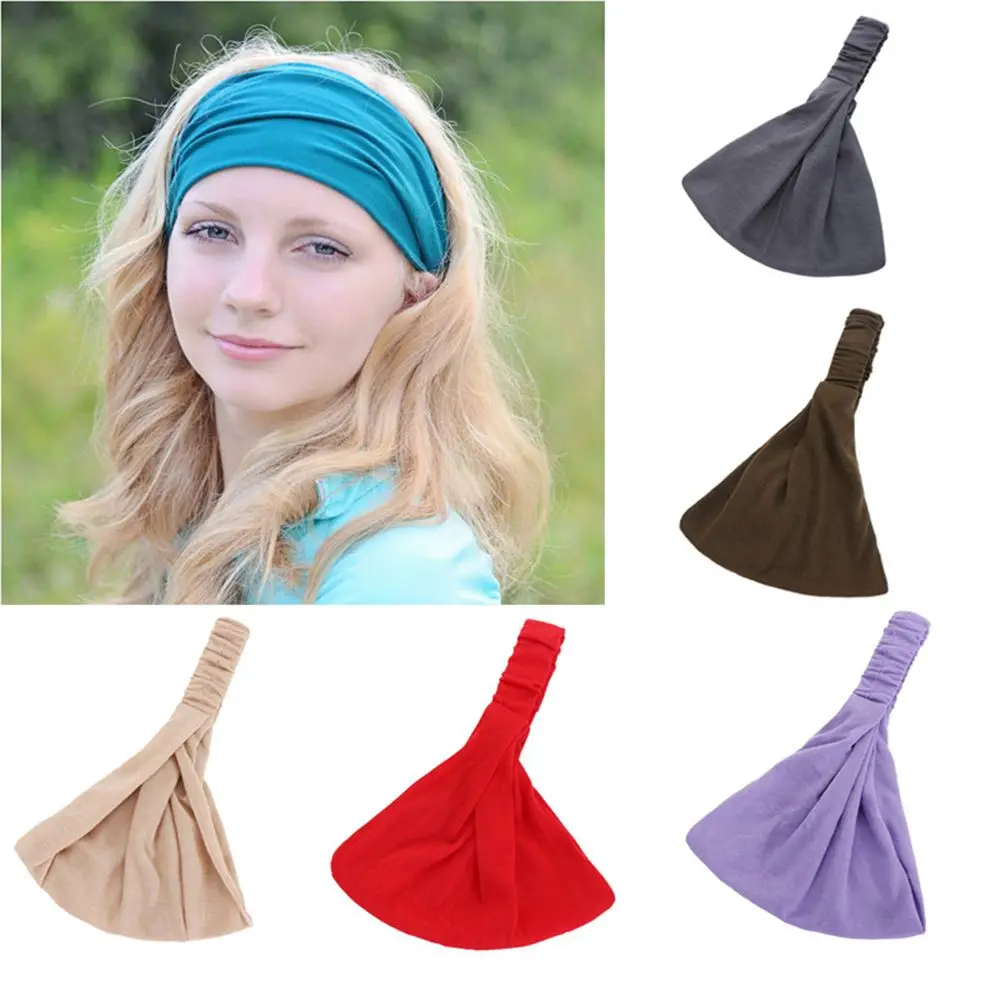 

Women Elastic Stretch Solid Wide Hairband Yoga Headband Turban Sport Head Wrap