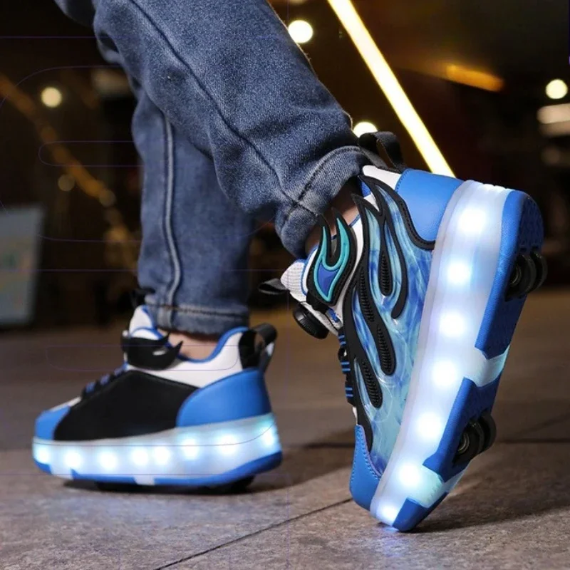 Roller Sneakers Kid Sport Gym Footwear Roller Skates 4 Wheels USB Charge Illuminated Shoes Boys Girls Casual Skateboard Shoes