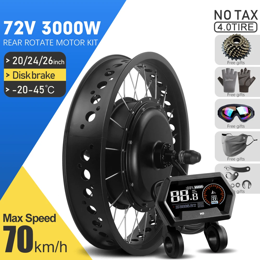 Electric Fat Bike Kit 72V 3000W 4.0 Tyre Brushless Rear Rotate Hub Motor Wheel 20 24 26inch Dropout 170mm Ebike Conversion Kit ebike motor kit