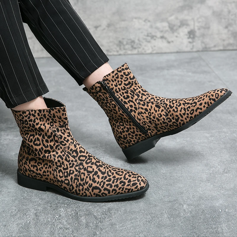 Leopard Print Pattern Mid-Calf Ankle Boots Fashion Cowboy Boots Outdoor Men Original Short Designer Men's Shoes