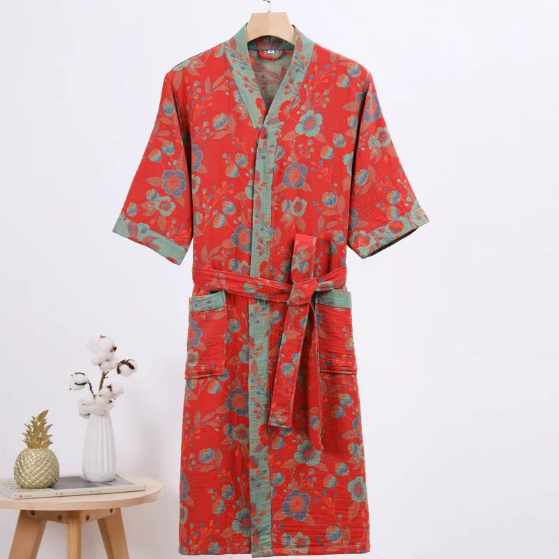 Men's Bathrobe Cotton Muslim Fashion Long Three Quarter Sleeve Pocket Sleepwear with Sash Pajamas Robe Large Size