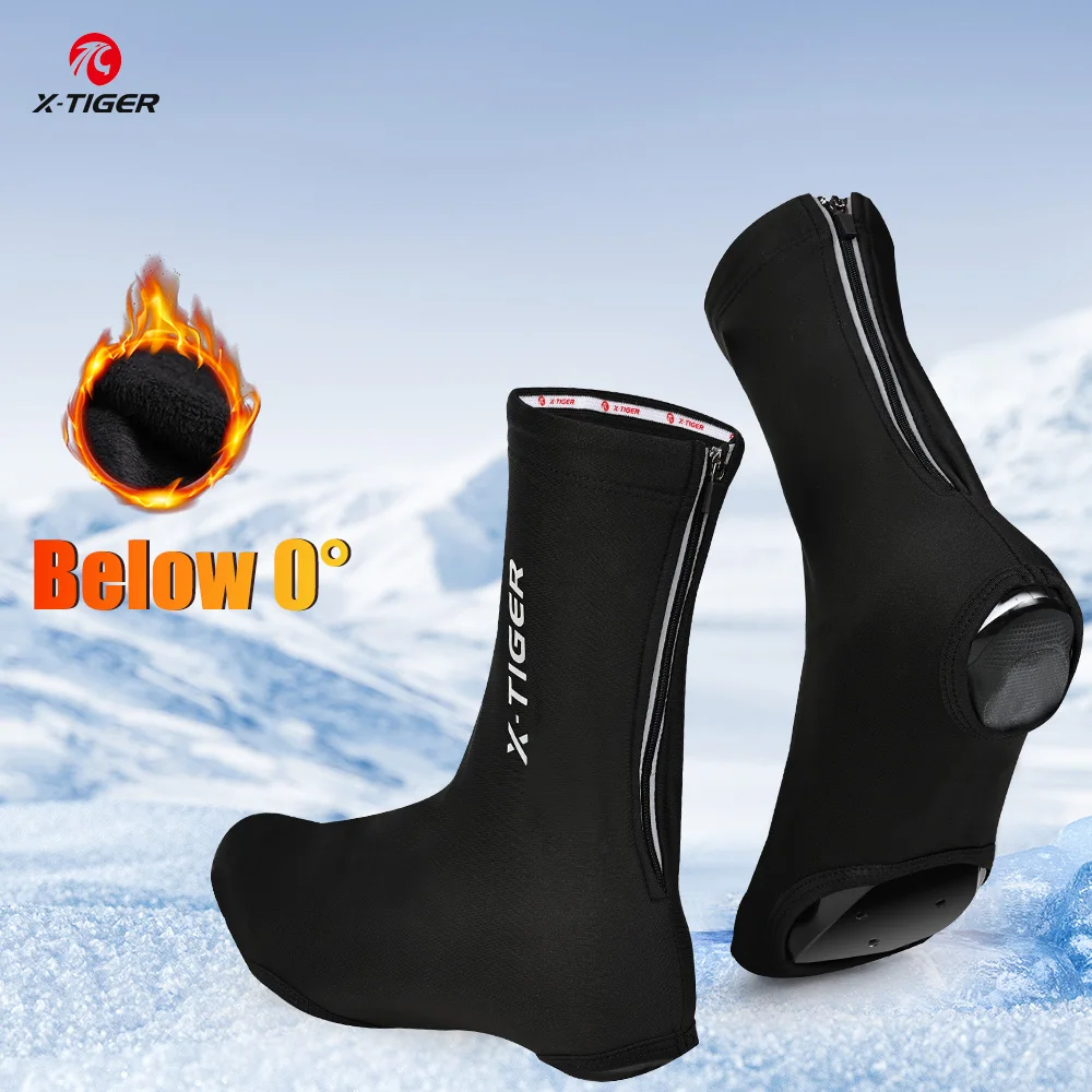 Winter Cycling Shoe Cover X-TIGER Winter Cycling Shoe Cover Fleece Warm Mountain Bike Overshoes Windproof Unisex Road Bicycle Shoes Cover