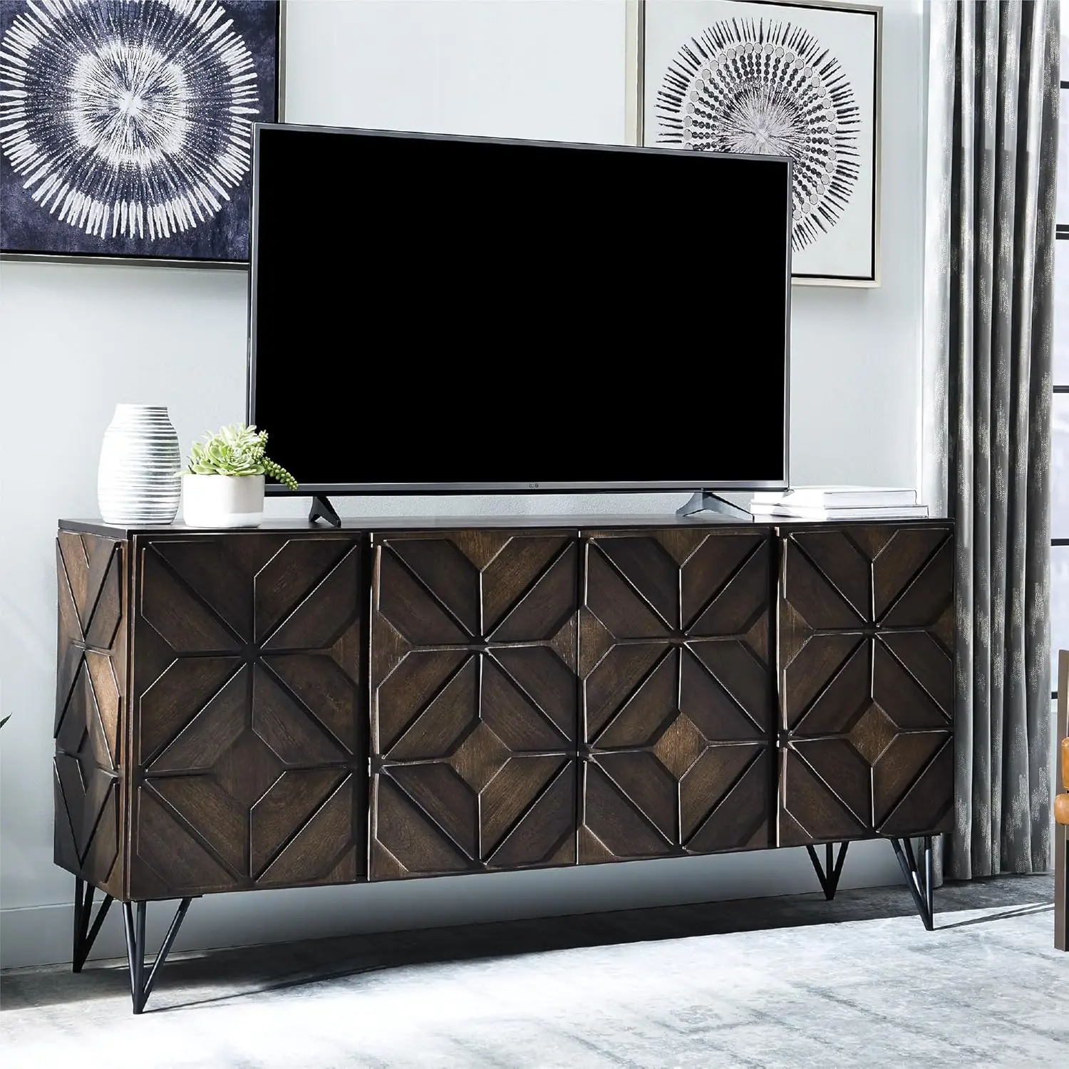 2025-hotChasinfield Urban Geometric Design TV Stand Fits TVs up to 70", 4 Cabinet Doors and 3 Adjustable Storage Shelves, Dark B